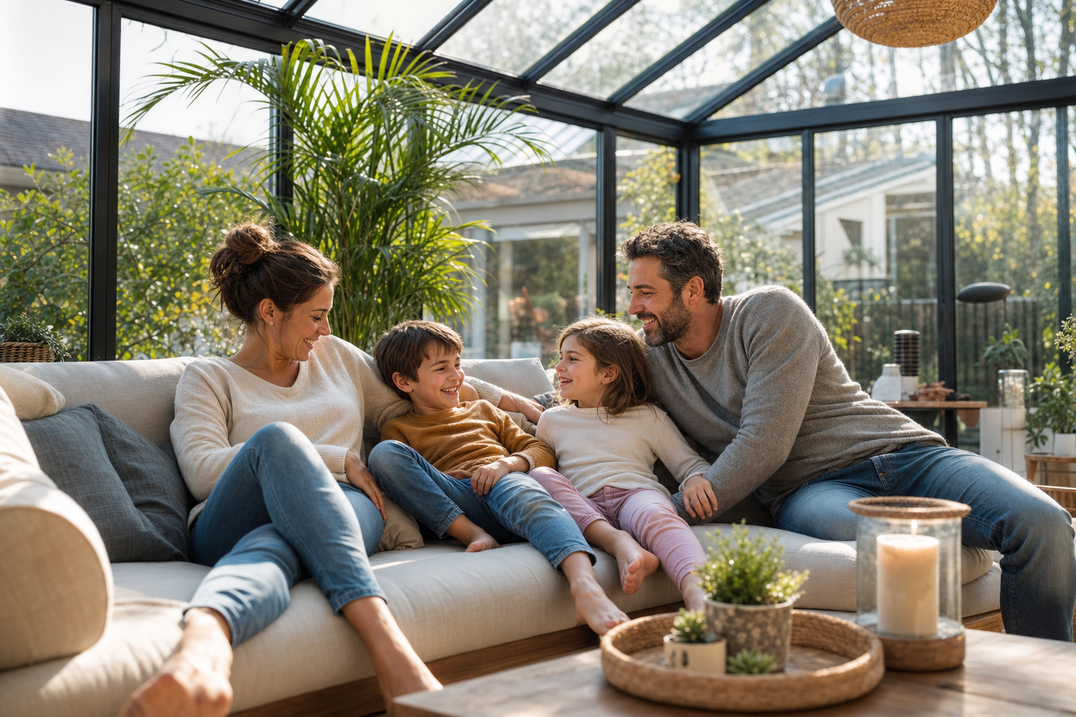 A family relaxing in a finished sunlit atrium space