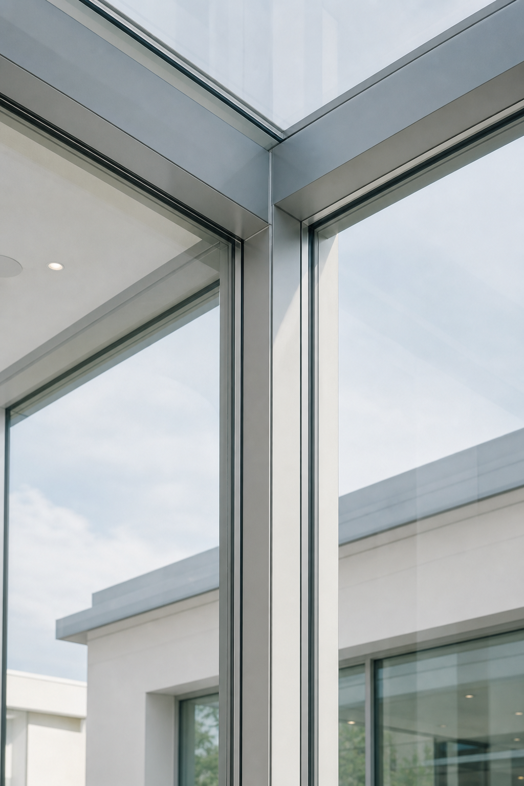 Finished atrium corner with clean structural glazing seams
