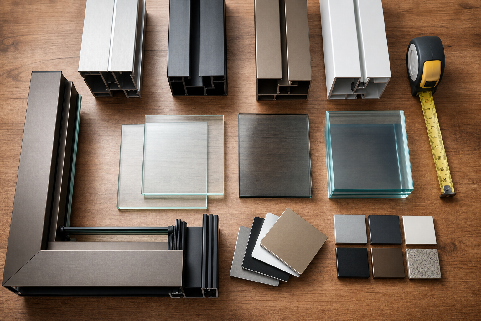 Material and frame samples for glass structures laid out on a table